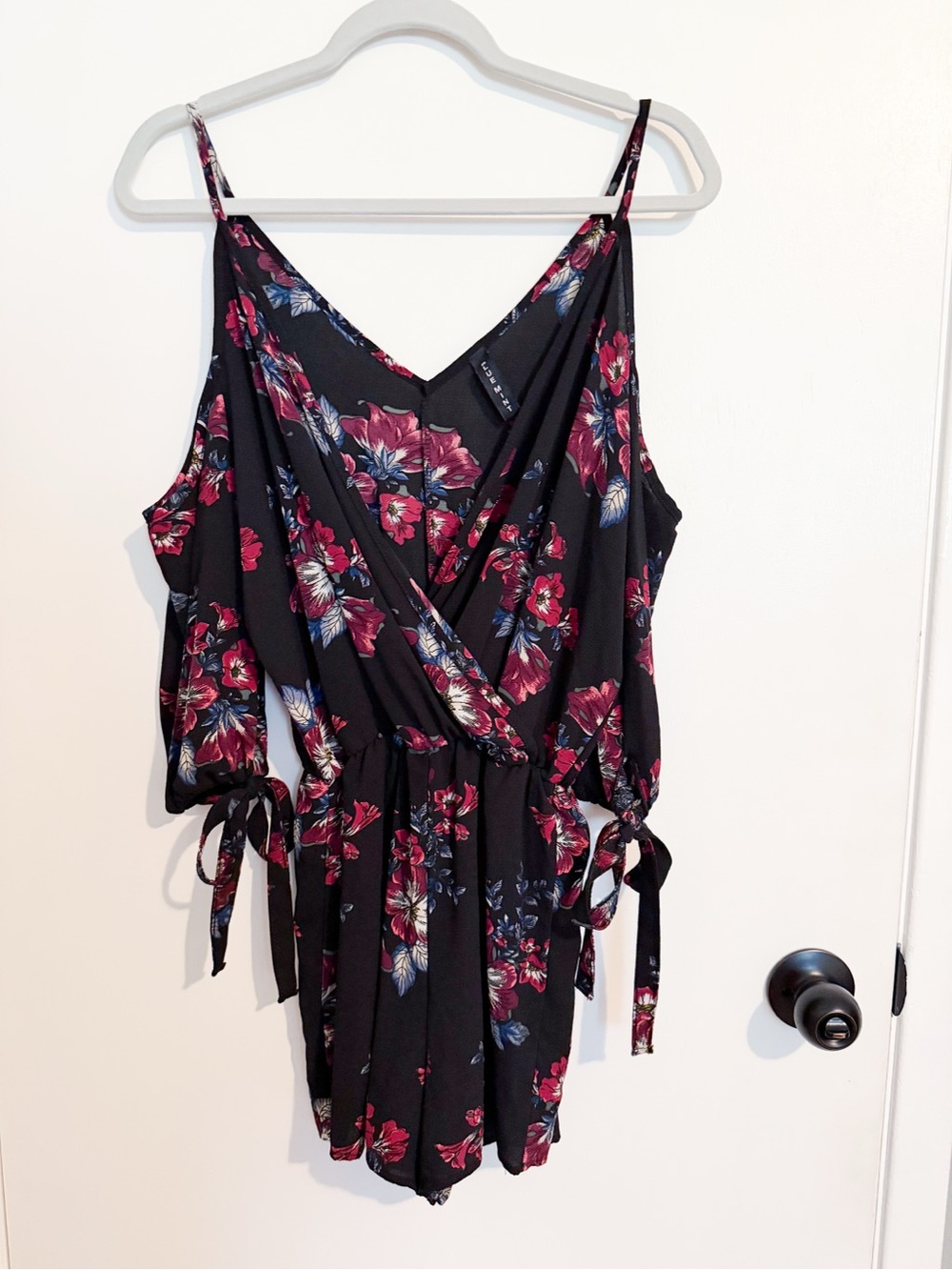 Floral Cold-Shoulder Romper - Black with Burgundy Floral